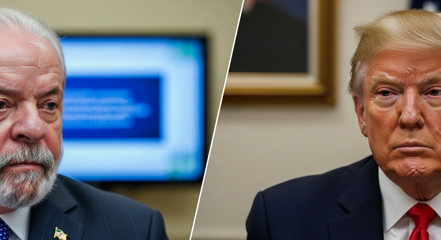 A split-frame image shows Brazilian President Luiz Inácio Lula da Silva on the left, illuminated by cool light, and U.S. President Donald Trump on the right, bathed in warm light, both with intense expressions during a virtual call discussing tariffs and sanctions to ease strained bilateral relations.