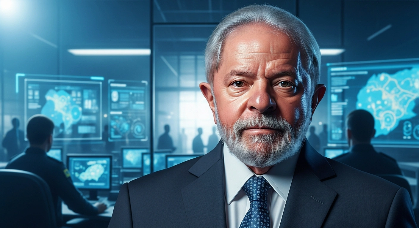 Brazilian President Luiz Inacio Lula da Silva stands in a modern command center during the announcement of the new Amor Pela Vida national security initiative.