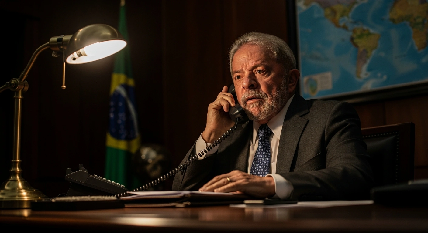 Brazilian President Luiz Inácio Lula da Silva is shown in a dimly lit office, speaking intensely on a telephone, reflecting urgent discussions with leaders of Colombia, Canada, and Mexico regarding the escalating Venezuela crisis and the capture of President Nicolás Maduro.