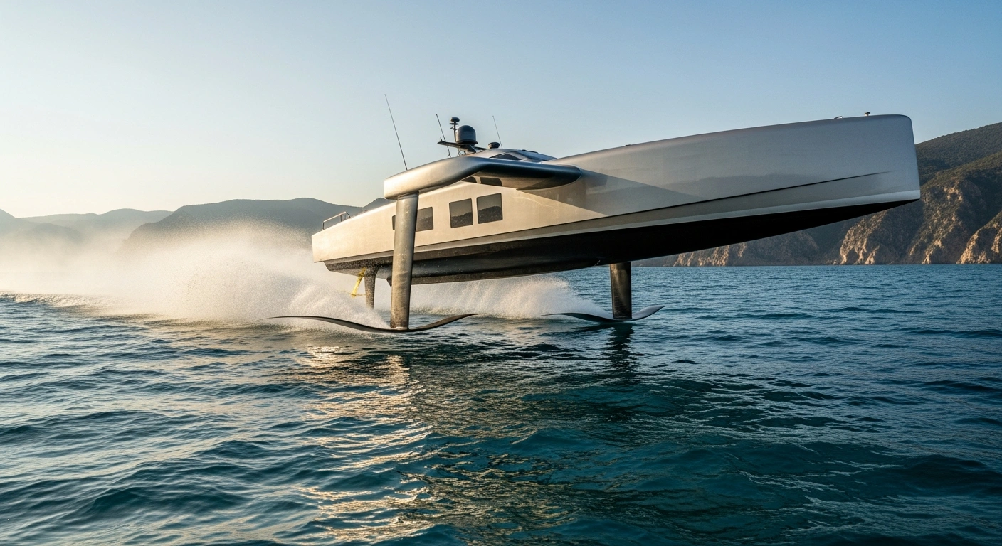 The Luna Rossa Prada Pirelli AC40 racing yacht hydrofoils across the water during the America's Cup preliminary regatta in Cagliari, Sardinia.