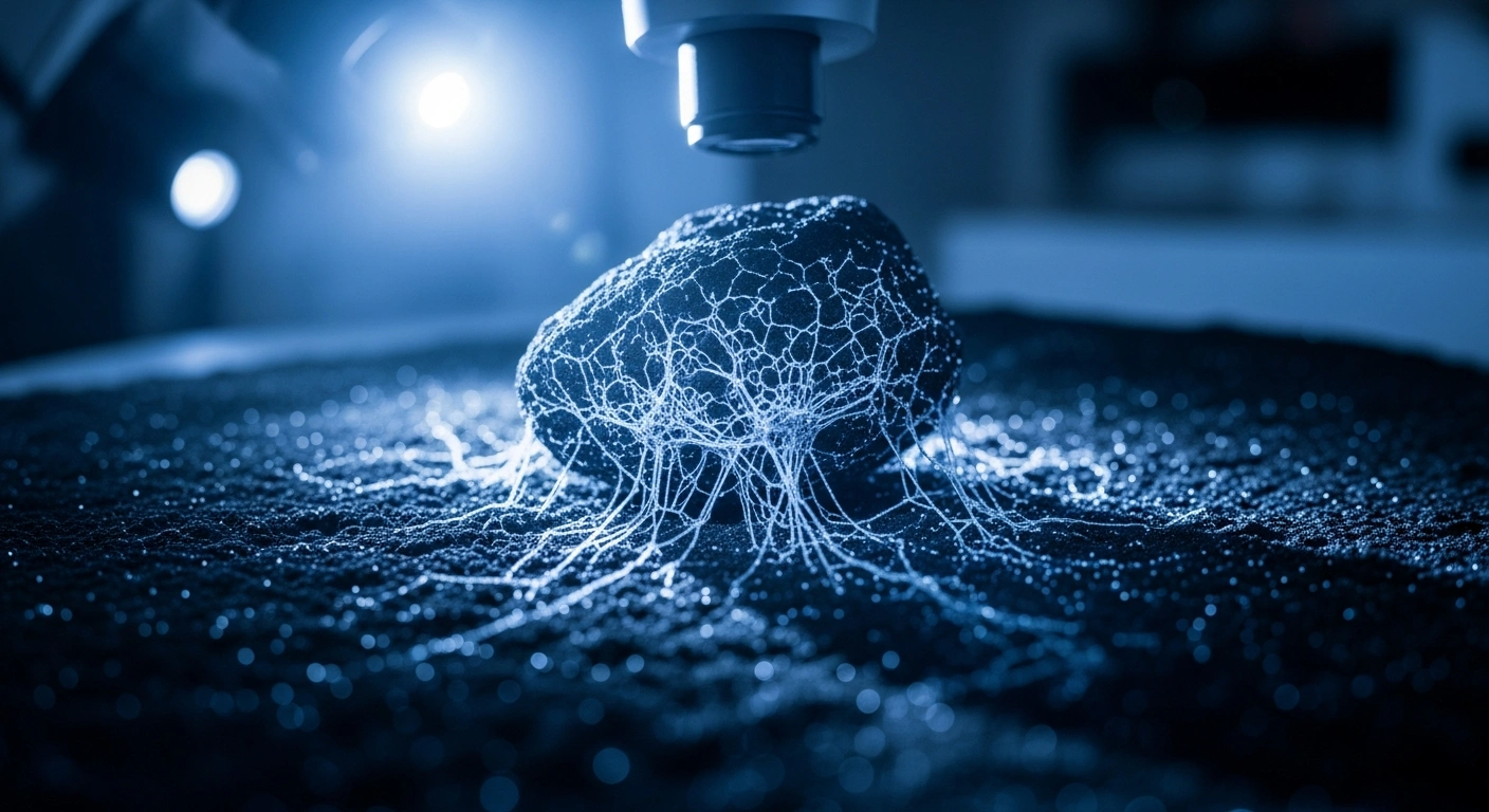 A detailed close-up image shows intricate single-walled carbon nanotubes and graphitic carbon structures within a lunar sample, as observed under an electron microscope, representing the groundbreaking discovery by Chinese researchers from the Chang'e-6 mission's samples from the Moon's far side.