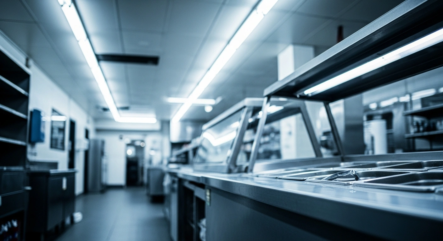 A sterile and dimly lit convenience store interior at a filling station in Lurgan that was subject to a food hygiene investigation.
