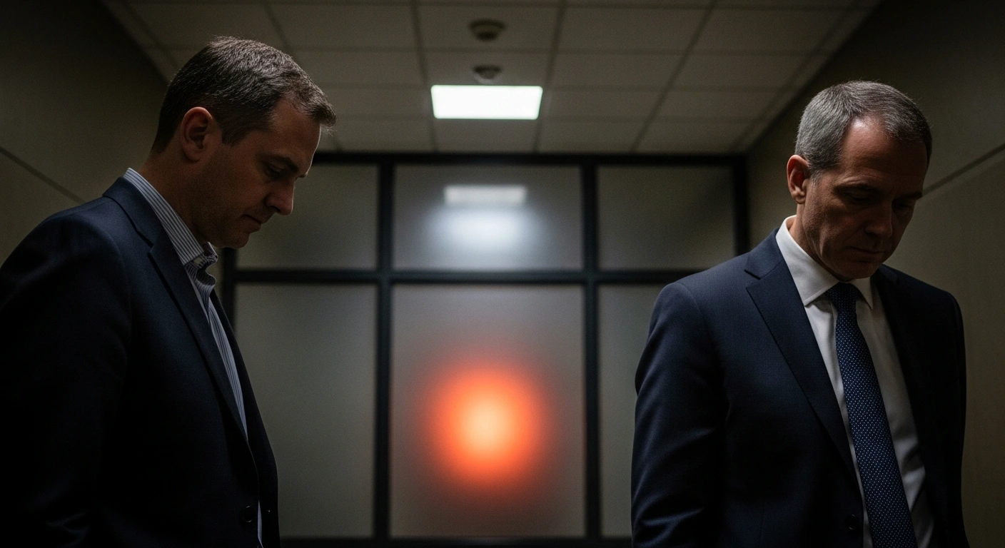 Two somber men, Saurabh and Gaurav Luthra, stand in a dimly lit institutional corridor, their faces downcast, with a faint orange-red glow visible through a frosted glass panel in the background, symbolizing the devastating nightclub fire that led to their extended police custody by a Goa court.