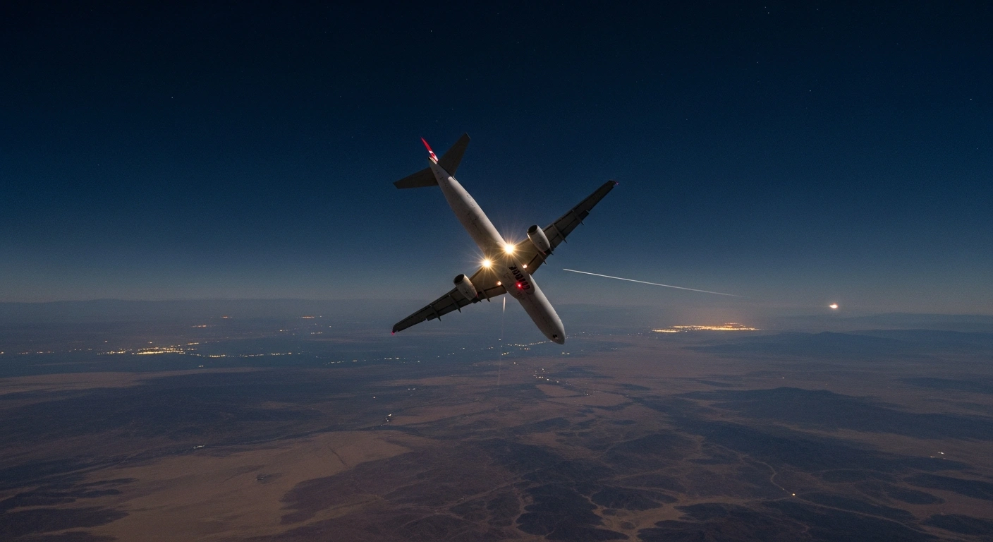 A Luxair flight LG9009 commercial airliner is shown making a dramatic banking turn at night over a vast desert landscape, symbolizing its return to origin over Egypt due to a deteriorating security situation.