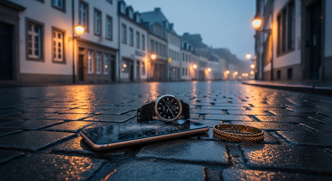 A wide, low-angle shot of a deserted, rain-slicked cobblestone street in Luxembourg City's Cents district at dawn, featuring a discarded luxury watch, a gold bracelet, and a shattered smartphone, symbolizing the aftermath of a violent assault and theft.