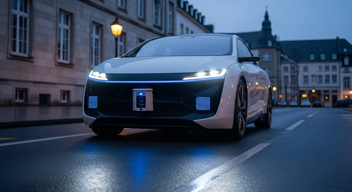 A modern autonomous vehicle drives on a public road in Luxembourg as part of the country's initiative to regulate self-driving technology.