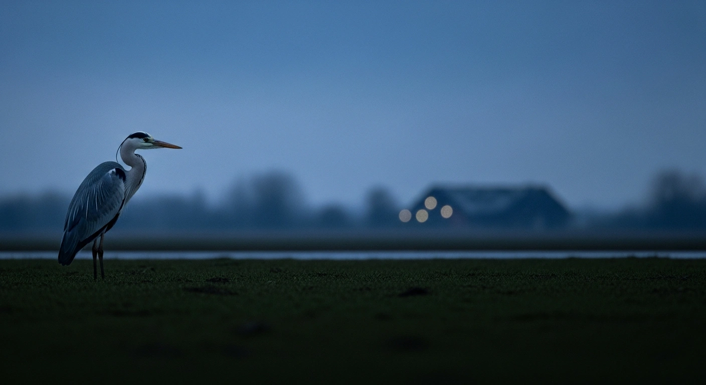 A solitary grey heron stands silhouetted against a dramatic, overcast sky at dusk, with distant farm buildings in the background, illustrating the potential spread of H5N1 avian influenza from wild birds to poultry farms in Luxembourg.
