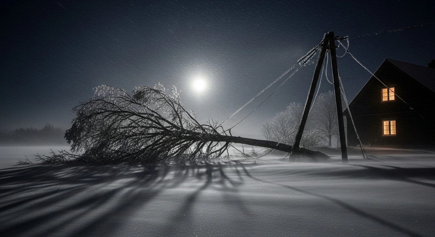 A wide shot of a snow-covered village in Parc Hosingen, Luxembourg, on a dark Christmas night, showing a large tree fallen across electrical lines, causing a power outage amidst sub-zero temperatures and strong winds.