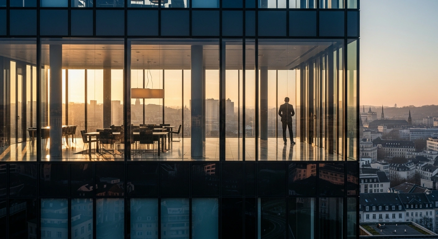 A solitary fund professional stands silhouetted against a panoramic window in a modern Luxembourg City high-rise at dawn, symbolizing the Grand Duchy's appeal as a European fund hub after adopting a new carried interest tax regime.