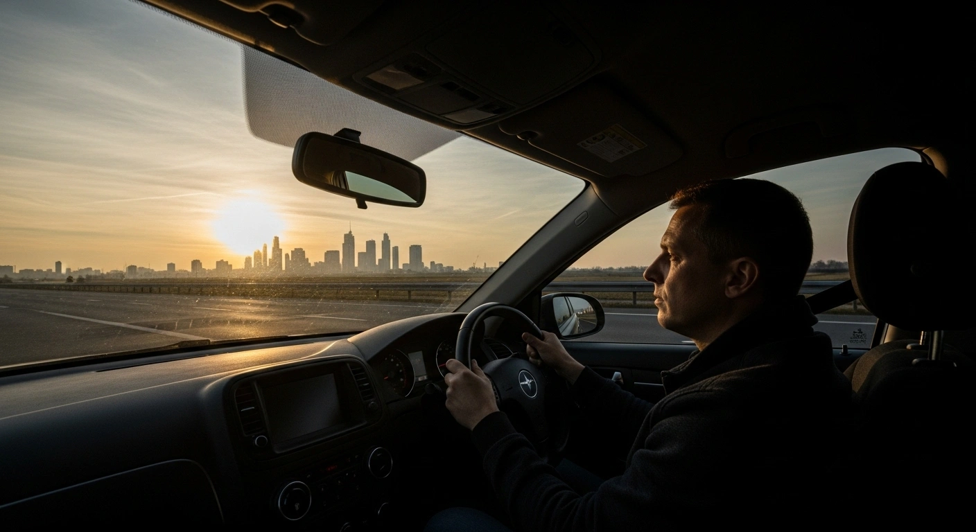A lone commuter drives their car across a European border at dawn, heading towards a distant city skyline, symbolizing Luxembourgers residing in France, Belgium, or Germany and commuting daily to the Grand Duchy for work due to high housing costs.