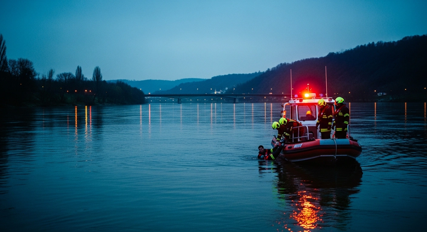 Emergency responders in a rescue boat pull a man from the Moselle river during a coordinated operation in Grevenmacher, Luxembourg.