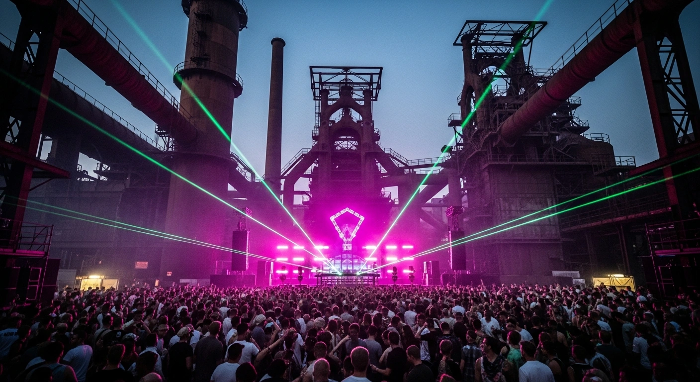 A large crowd dances at the Luxembourg Open Air electronic music festival held at the industrial Esch-Belval site.