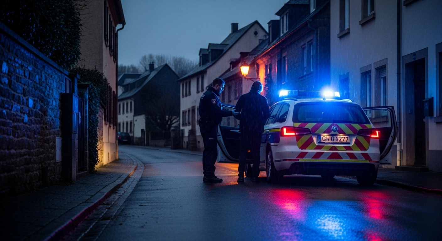 Grand Ducal Police officers in Luxembourg place an intoxicated man into protective custody on a street in Niederfeulen.