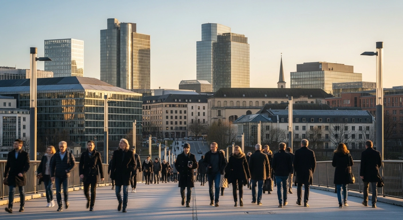 A diverse crowd of people walks across a bridge in Luxembourg City as international migration drives the nation's population growth.