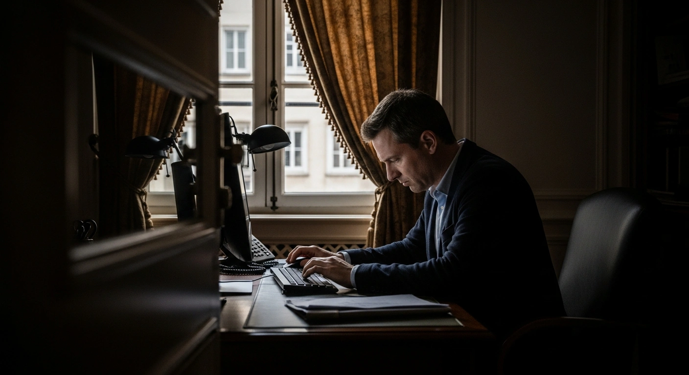 A journalist sits at a desk in a dimly lit, austere office, contemplating a screen with a hesitant hand, symbolizing the concerns over declining press freedom and rising self-censorship in Luxembourg, as voiced by Roger Infalt, President of the Luxembourg Press Council.