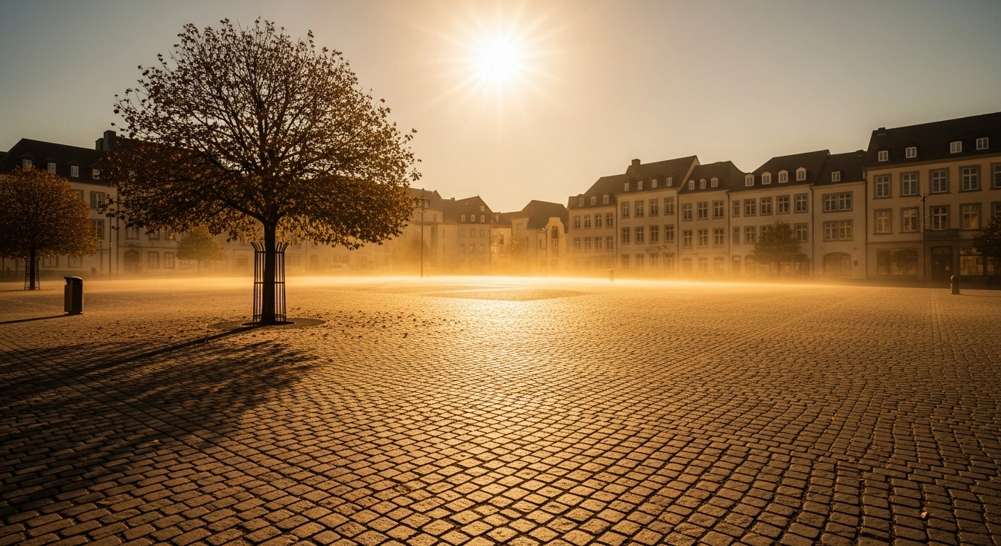 A sun-drenched city square in Luxembourg shows signs of a severe heatwave with dry, wilted vegetation and shimmering air under record-breaking temperatures.