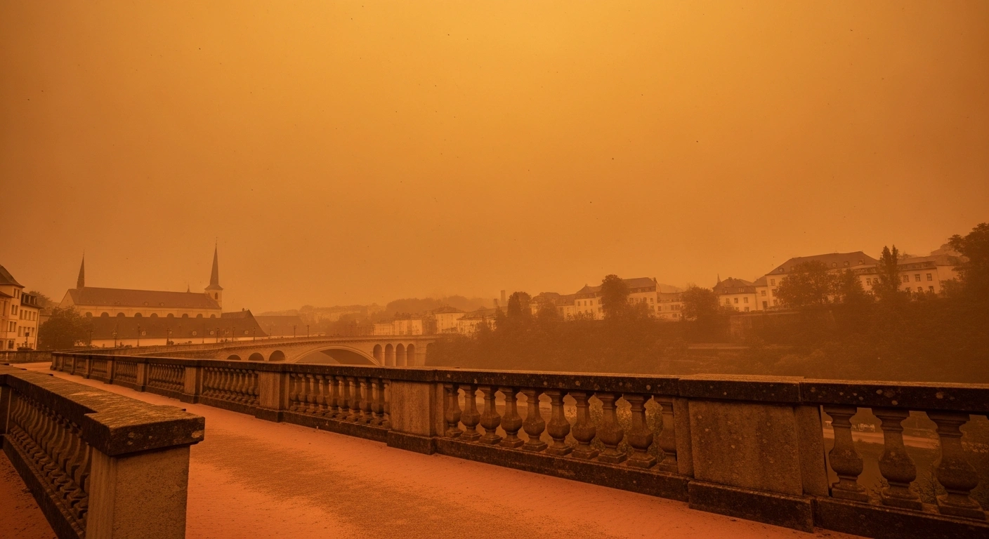 A wide, low-angle view of Luxembourg's Adolphe Bridge under a hazy, ochre sky, showing the significant Saharan dust intrusion that has left a fine layer of sand on its stone balustrades.