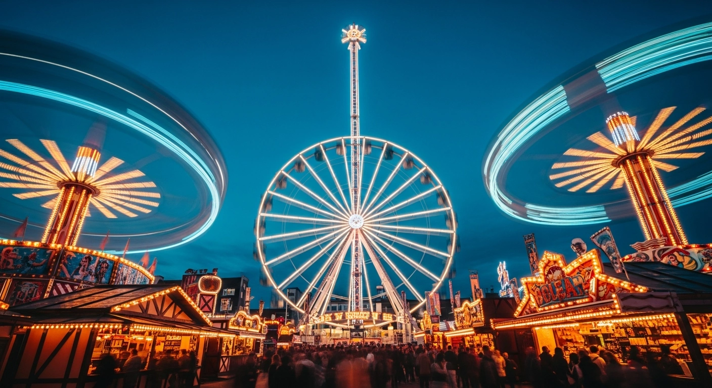 The illuminated Ferris wheel and traditional stalls of the historic Schueberfouer fair glow brightly at the Glacis field in Luxembourg City.