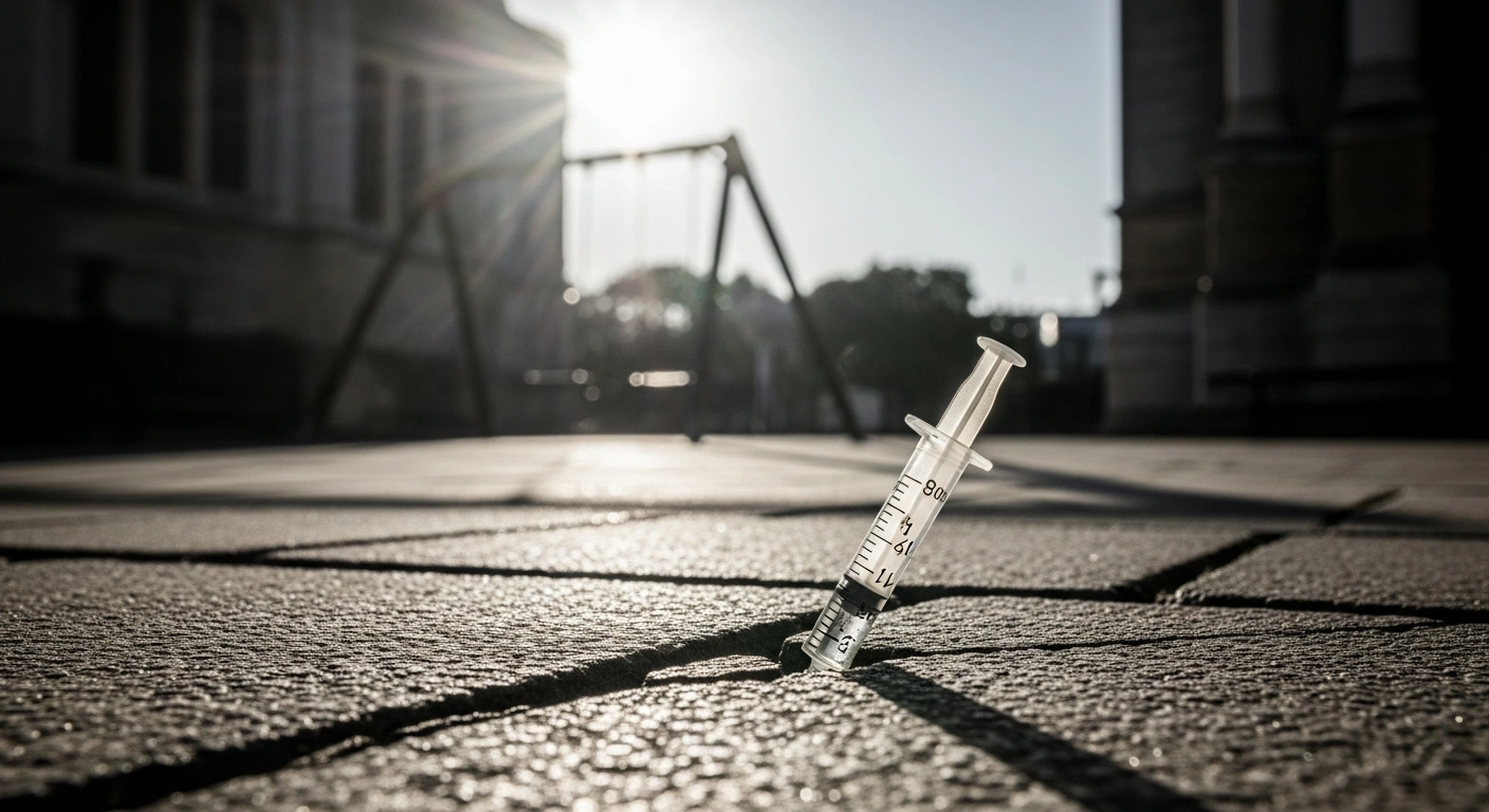 A discarded used syringe lies on cracked pavement near a child's swing set or a church in Luxembourg City, symbolizing growing public safety and health concerns in public spaces.
