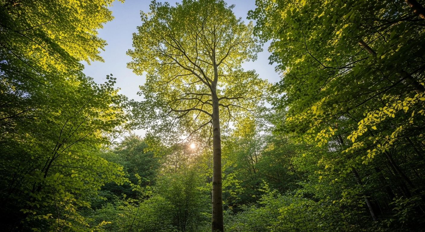 A majestic Trembling Aspen tree (Populus tremula) stands tall in a sun-dappled Luxembourg forest, its distinctive quivering leaves shimmering in the golden light, representing its selection as Luxembourg's 'Tree of the Year' for 2026 by the Hëllef fir d'Natur Foundation.