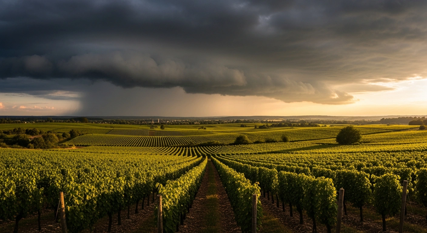 A wide, cinematic shot of Luxembourg's rolling vineyards bathed in golden hour sunlight, with a colossal, dark cumulonimbus cloud dominating the horizon, symbolizing the year 2025's increased sunshine and above-average rainfall.
