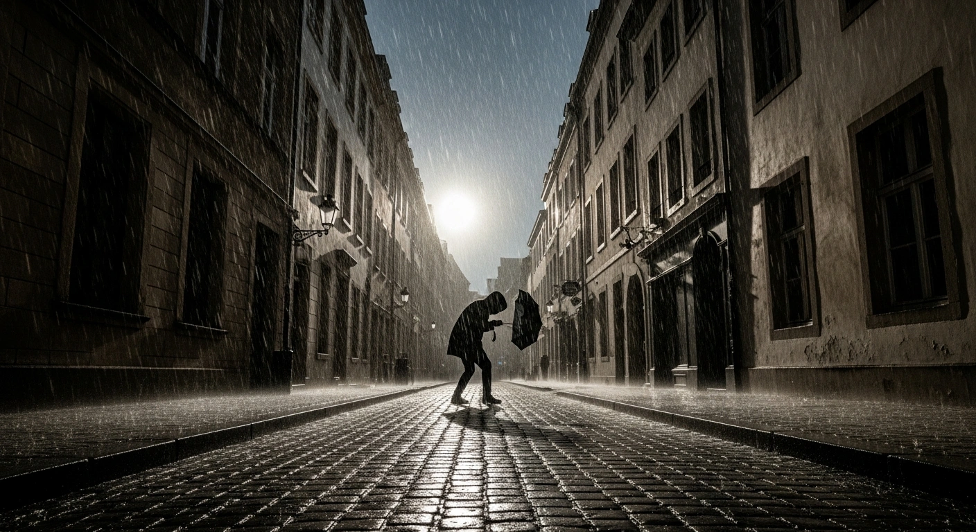 A dramatic, low-angle view of a cobblestone street in Luxembourg City during a severe yellow weather warning, showing heavy rainfall and strong winds with a lone figure struggling against the elements, reflecting the MeteoLux forecast of 90 km/h gusts and 30-40 l/m² of rain.