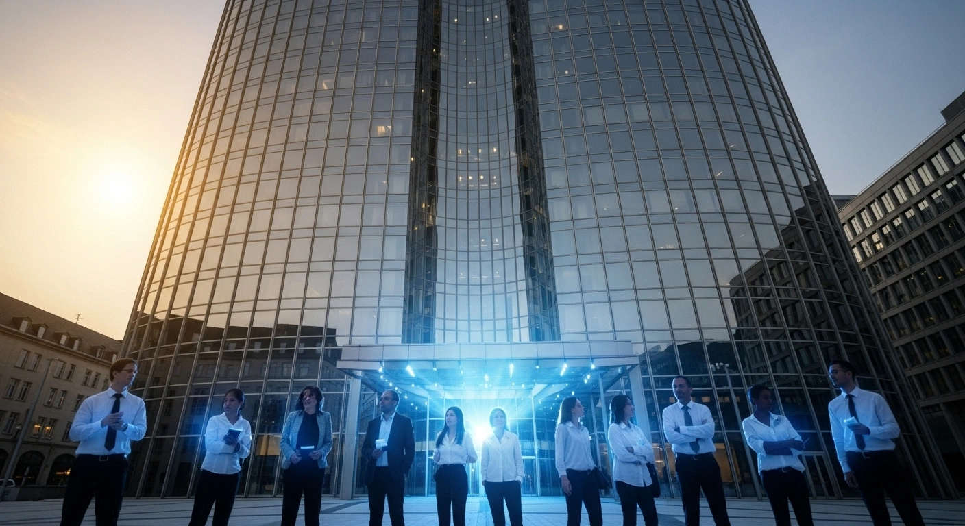 A diverse group of skilled professionals stands before a modern glass skyscraper at sunset, illuminated by a soft digital glow, symbolizing Luxembourg's updated 2025 work visa requirements and new online application process designed to attract global talent.