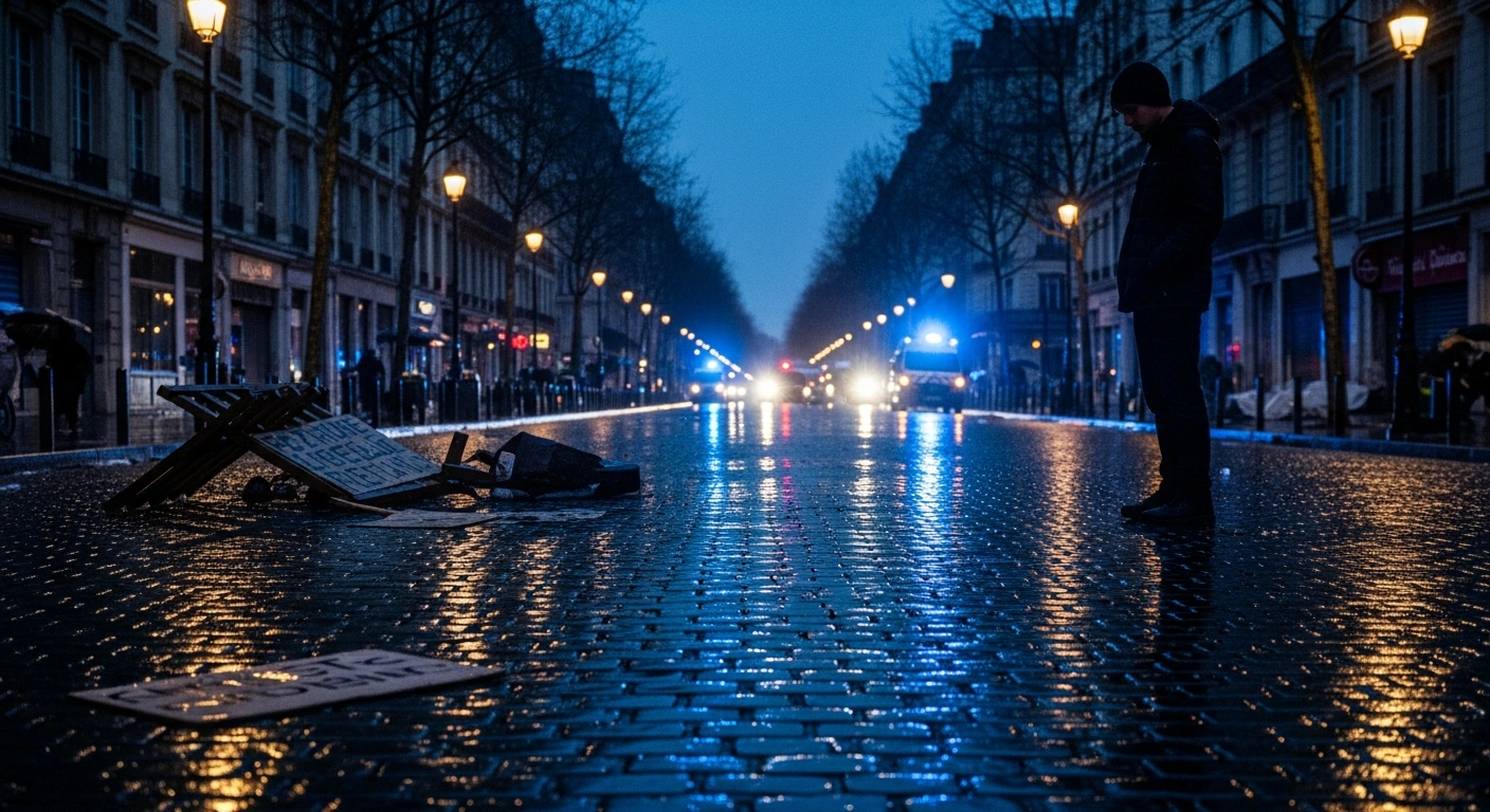 A rain-slicked cobblestone street in Lyon at twilight, strewn with scattered protest signs and broken barricades, depicting the aftermath of violent clashes between far-right and far-left groups that resulted in the death of far-right activist Quentin Deranque and heightened political tensions in France.
