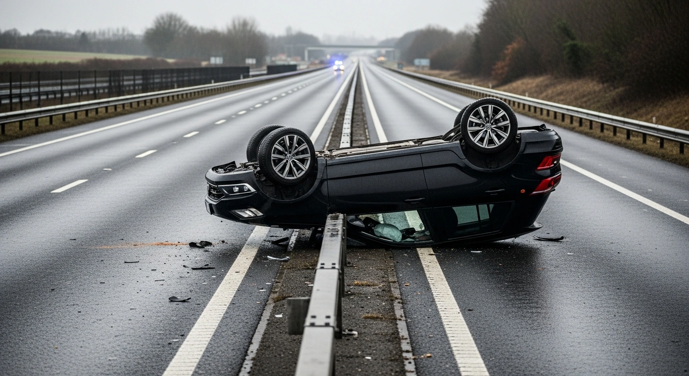 A black Volkswagen T-Roc SUV lies overturned against a damaged central reservation on a desolate, multi-lane motorway under a cold, grey sky, depicting the scene of a fatal single-vehicle collision on the M2 near Medway services on Christmas Eve.