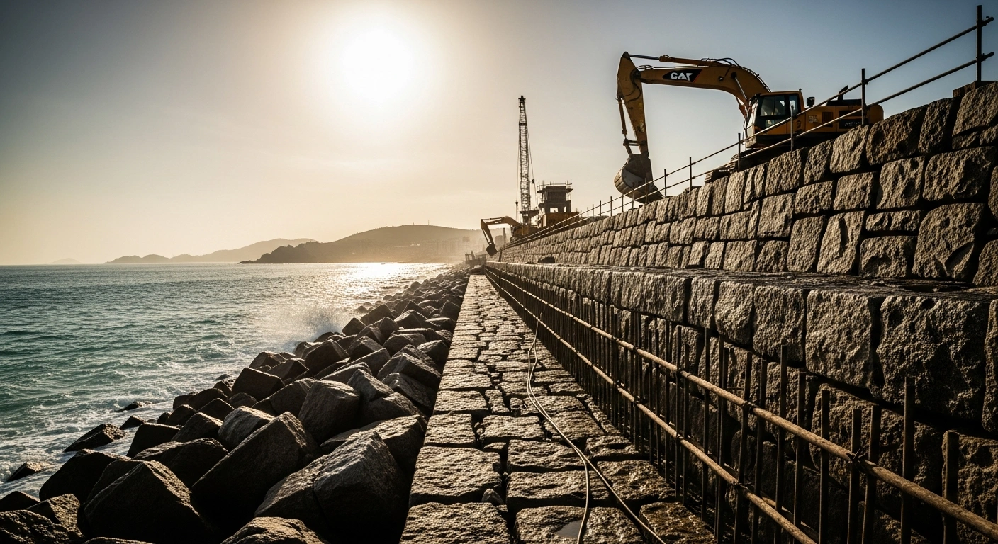 Construction workers and heavy machinery reinforce the coastal embankment in Coloane as part of Macao's flood control project to protect against storm surges.