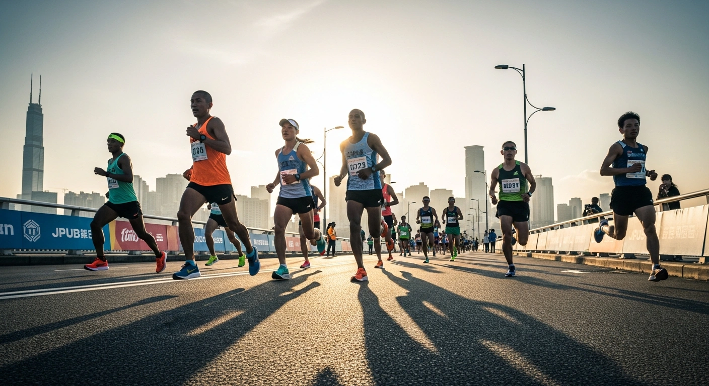 A diverse group of international runners participates in the Sands China Macao International 10K race on a sunny morning in Macao.