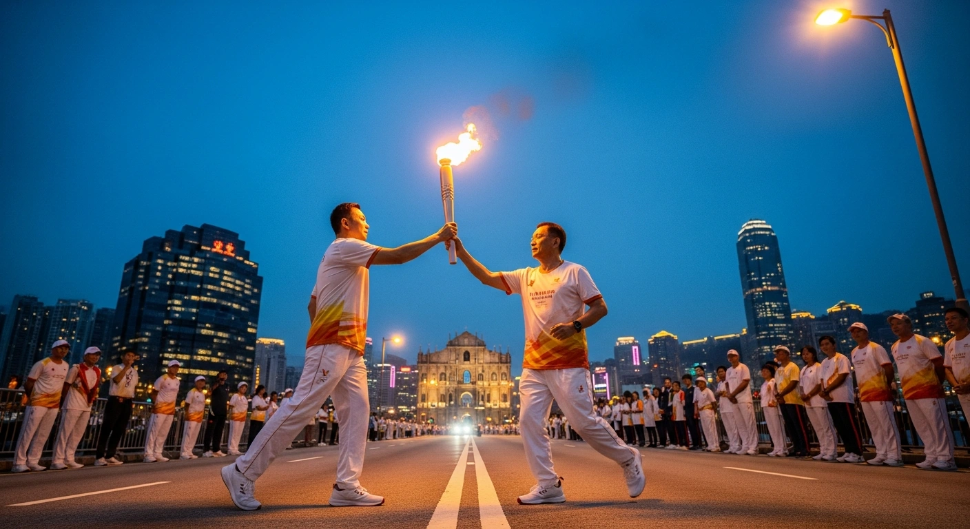 Chief Executive Sam Hou Fai participates in the 15th National Games torch relay in Macao, passing the flame with iconic city landmarks illuminated in the background, symbolizing Macao's role as a co-host.