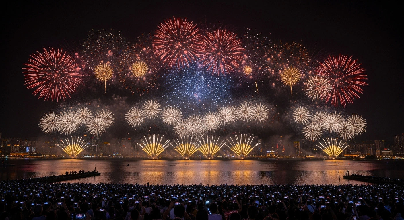 A spectacular night view of Macao's Sai Van Lake during the 2026 Spring Festival, showcasing 3,888 illuminated drones forming patterns in the sky amidst vibrant pyrotechnic bursts, with city lights reflecting on the water and a large crowd watching below.