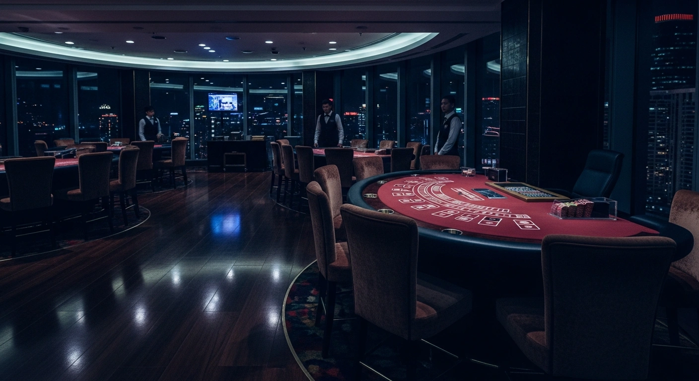 The interior of a high-end VIP gambling room in Macao sits quiet and empty, reflecting the recent downturn in the region's gaming sector revenue.