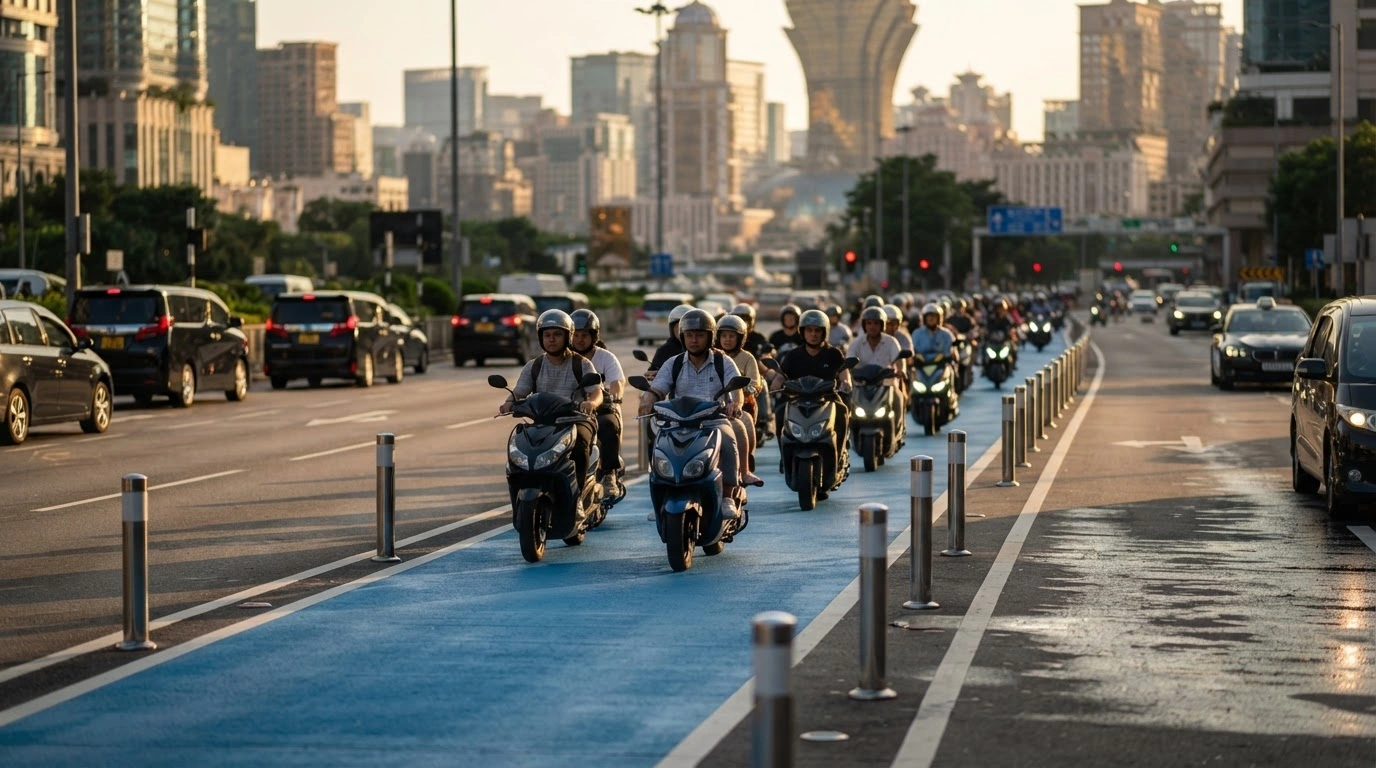 Motorcyclists ride in a dedicated lane at a busy intersection in Macau to improve traffic safety and flow.