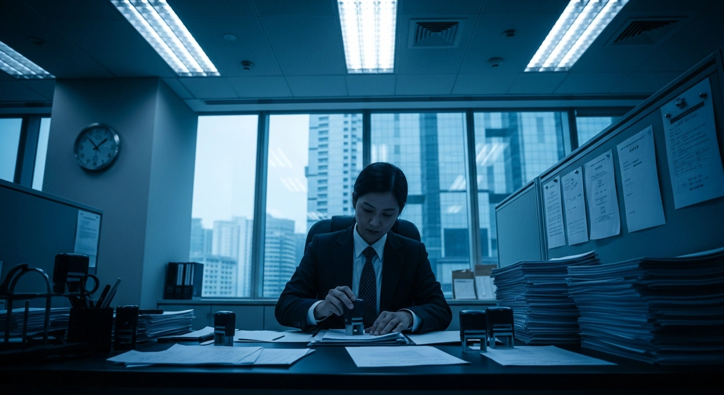 A highly qualified civil servant performs repetitive administrative tasks in a Macau government office, illustrating the findings of the Commission of Audit regarding public administration inefficiencies.