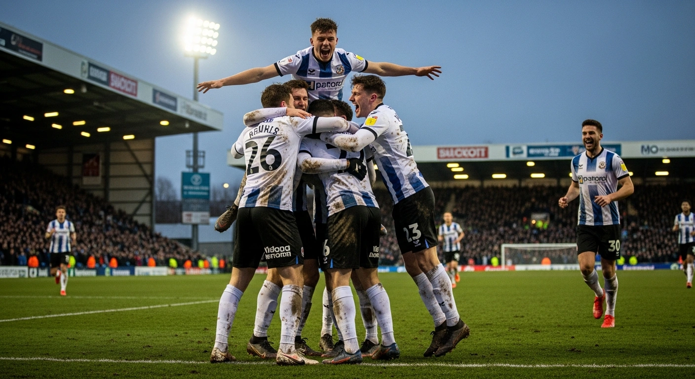 A group of jubilant Macclesfield FC football players, covered in mud, celebrate their historic 2-1 FA Cup victory over Crystal Palace on a dimly lit stadium pitch, surrounded by cheering fans.