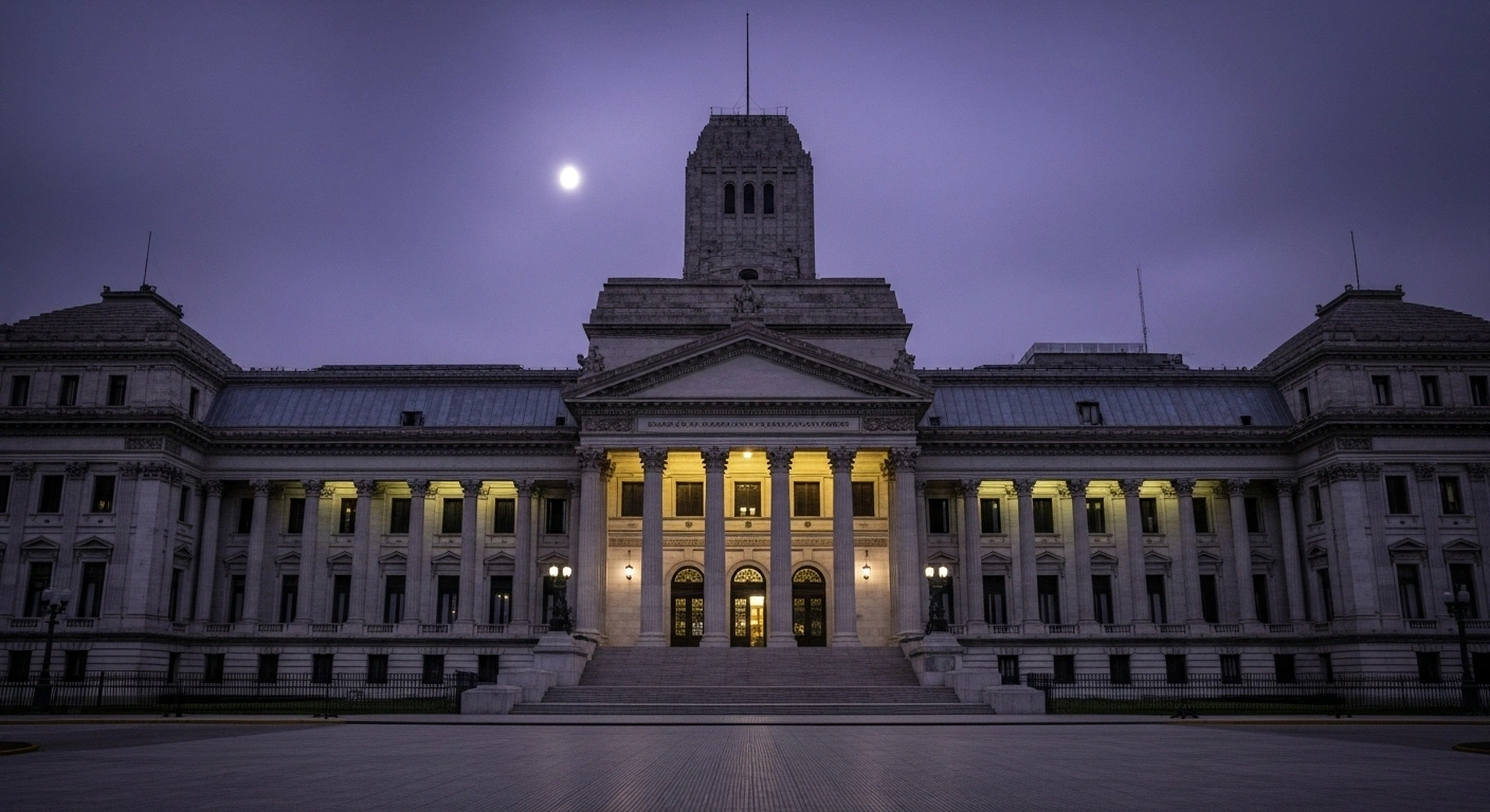 A wide, dramatic shot of the Palacio de Justicia in Buenos Aires at twilight, symbolizing Argentina's Supreme Court's approval of businessman Federico 'Fred' Machado's extradition to the United States on charges of drug trafficking, money laundering, and fraud, a case also implicating José Luis Espert, an ally of President Javier Milei.