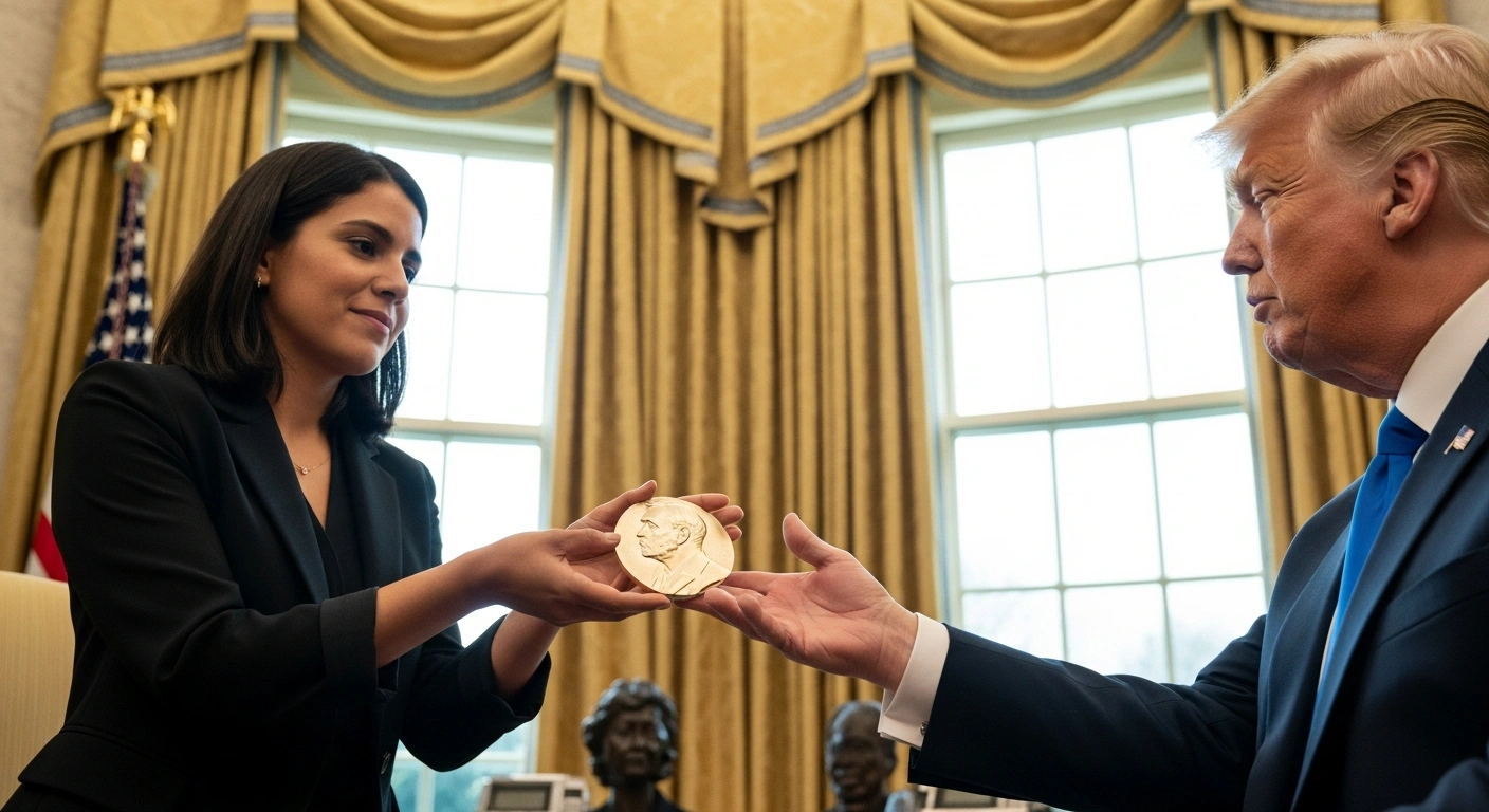 Venezuelan opposition leader María Corina Machado presents her 2025 Nobel Peace Prize medal to Donald Trump in a stately White House room, symbolizing recognition for his commitment to Venezuela's freedom.