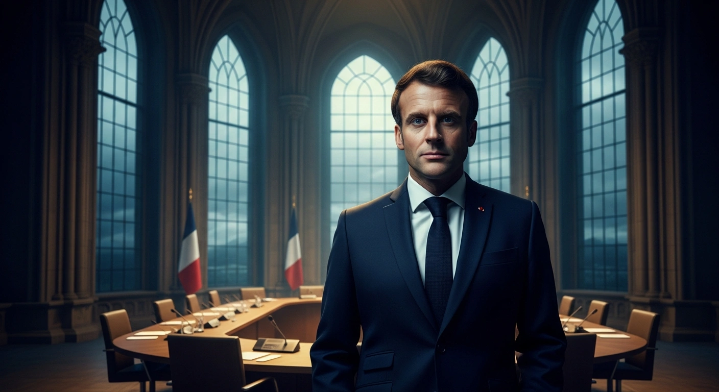 French President Emmanuel Macron stands in a formal hall, advocating for transatlantic unity and the avoidance of trade tariff disputes between the United States and the European Union.