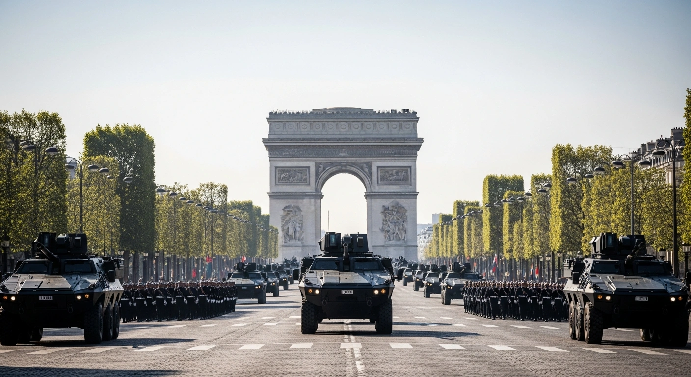 President Emmanuel Macron oversees the Bastille Day military parade on the Champs-Élysées featuring international troops and armored vehicles.