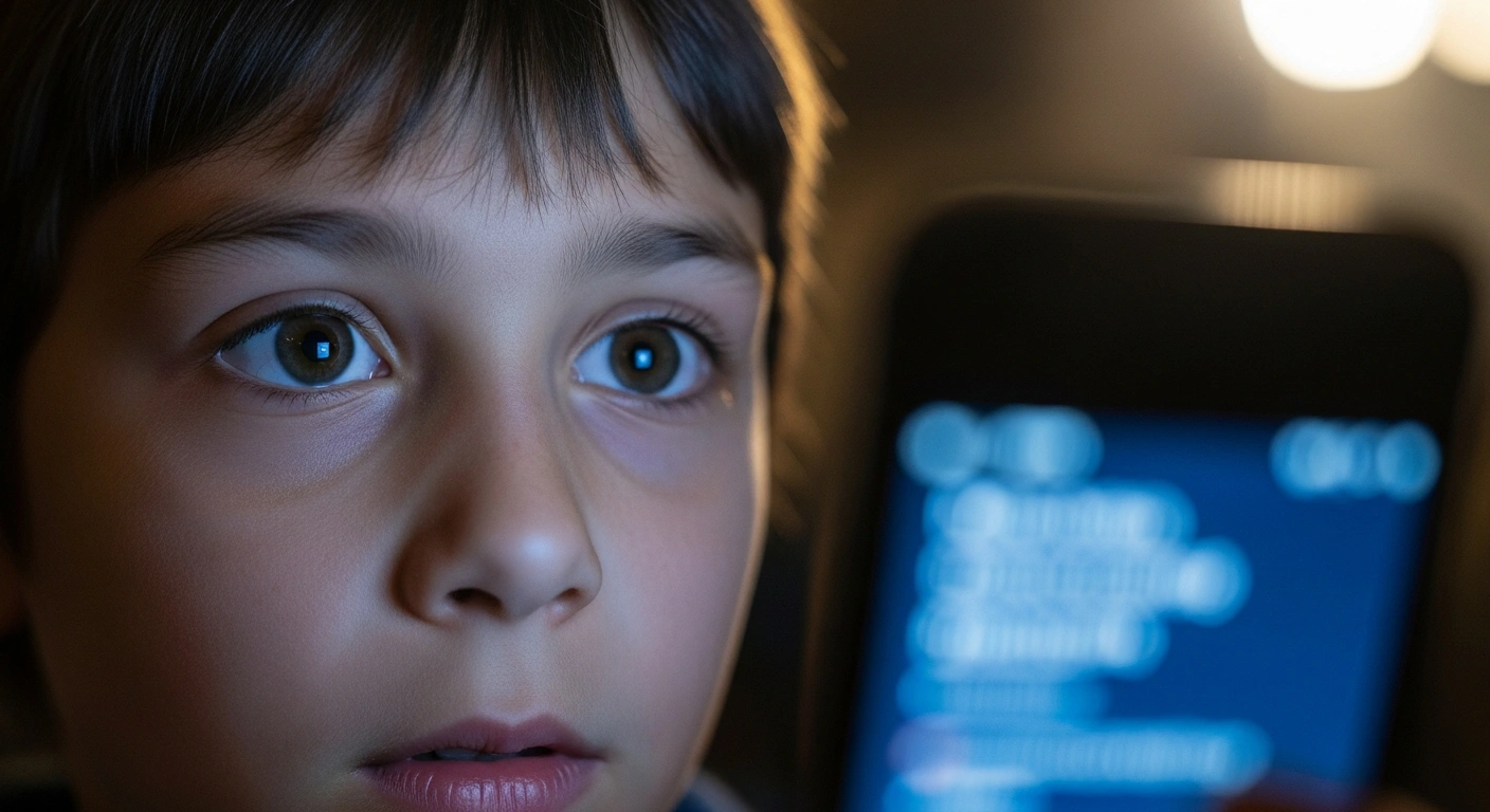 A close-up view shows a young child's face partially illuminated by the blue light of a smartphone screen, while a warm, golden light begins to enter the frame from the side, symbolizing French President Emmanuel Macron's proposed legislation to ban social media access for children under 15 and protect them from online risks.