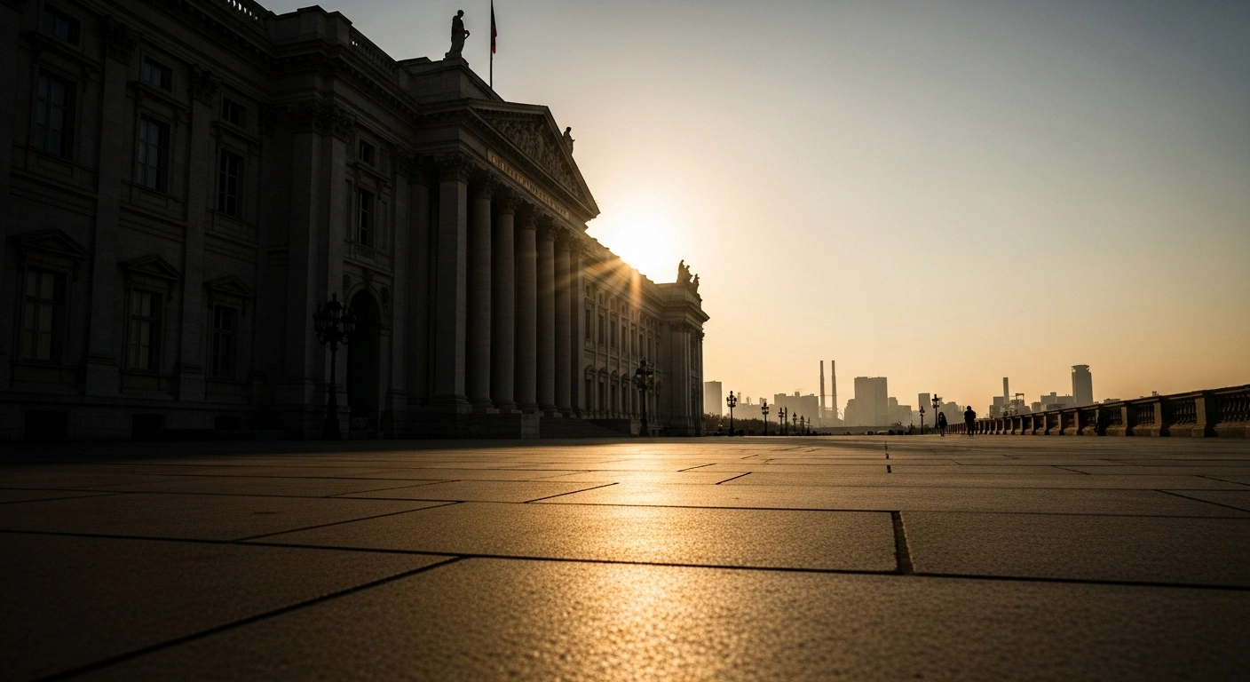 A dramatic, low-angle shot of a grand European architectural facade casting a long, stark shadow towards a distant, hazy industrial Asian skyline, visually representing the trade imbalance and potential EU tariffs warned by French President Emmanuel Macron against China due to Chinese subsidies and a significant trade deficit.