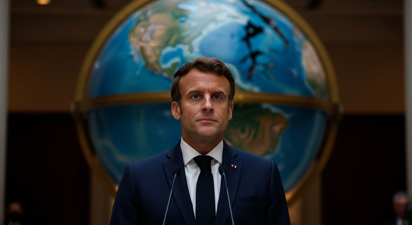 A determined French President Emmanuel Macron stands before a fractured globe where the Western hemisphere appears to recede, symbolizing his criticism of US foreign policy for breaking international rules and turning away from allies, and Europe's need for strategic autonomy.