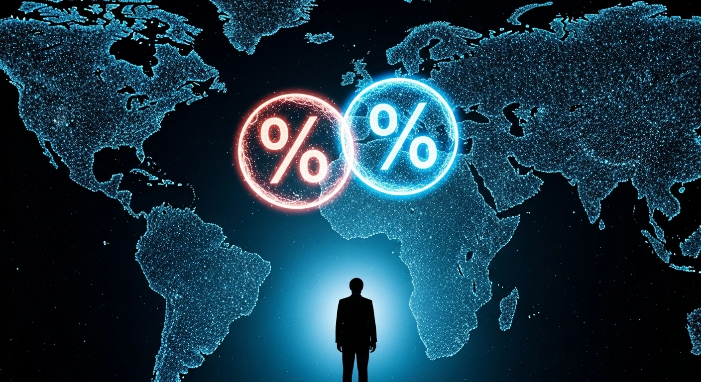 A figure resembling French President Emmanuel Macron stands before a digital projection, illustrating the debate over France's support for 5% international carbon credits versus the European Commission's 3% proposal for the EU's 2040 emissions reduction target.