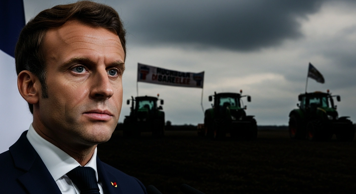 French President Emmanuel Macron is shown with a determined expression, against a blurred background of agricultural protest vehicles and banners, representing France's stance against the EU-Mercosur trade agreement due to agricultural and environmental concerns.