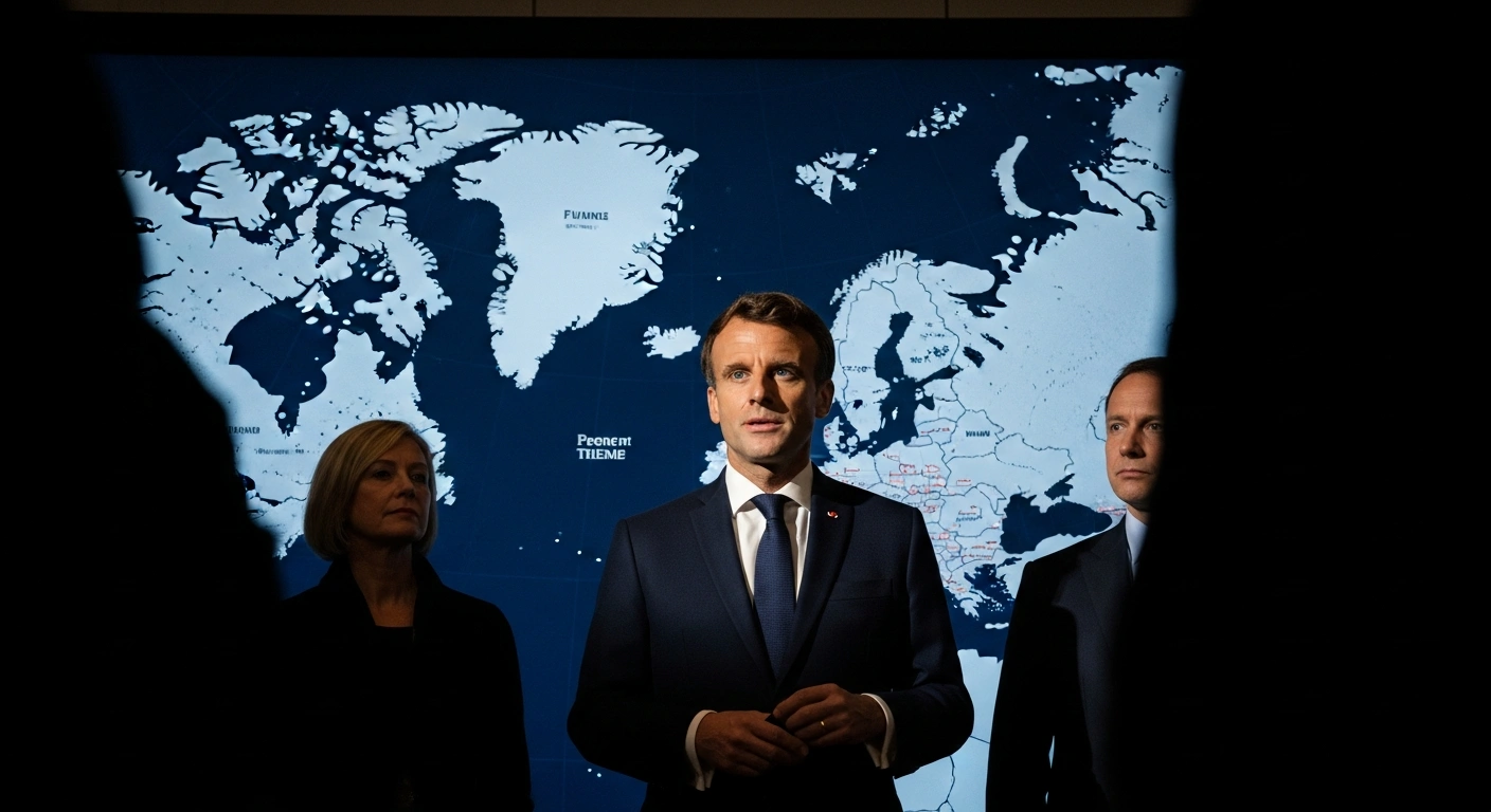 French President Emmanuel Macron, flanked by Danish and Greenlandic leaders, stands before a geopolitical map highlighting Greenland and the Arctic, symbolizing Europe's strategic wake-up call regarding Arctic security and renewed U.S. interest.