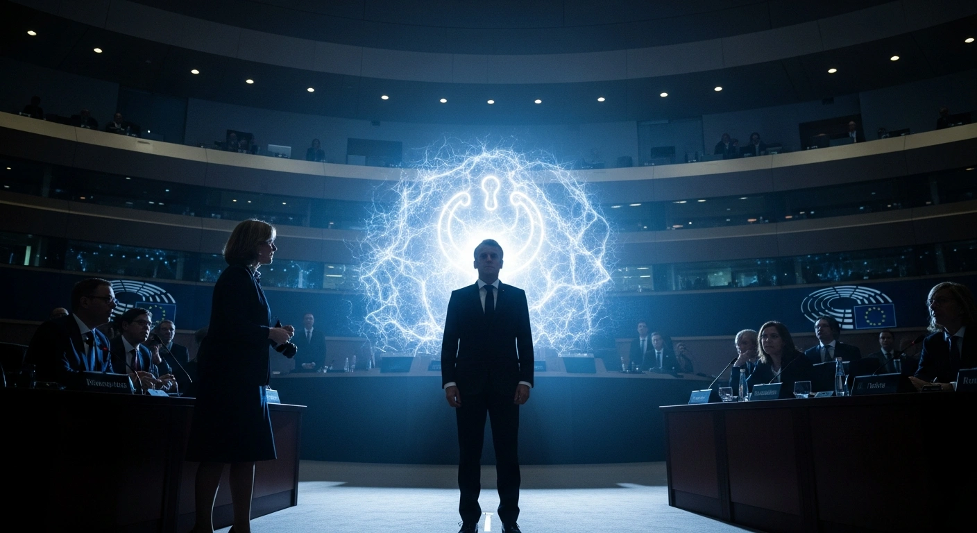 French President Emmanuel Macron is depicted in a dimly lit conference room, illuminated by a spotlight, with a contained, glowing energy symbol behind him, as European leaders observe, representing his discussions on France's nuclear forces with partners for strategic autonomy, while maintaining sovereign control and not offering a full nuclear umbrella.