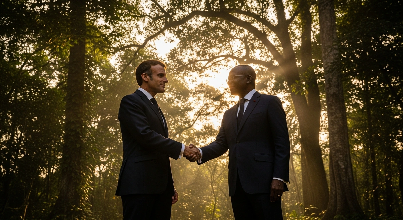 French President Emmanuel Macron and Gabonese President Brice Clotaire Oligui Nguema shake hands, silhouetted against a vibrant, sun-drenched Gabonese rainforest, symbolizing their discussions on redefining France's relationship with Africa through 'win-win partnerships'.