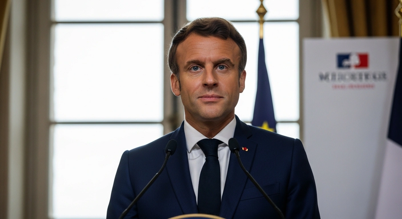 French President Emmanuel Macron stands at a polished podium, illuminated by soft, diffused light, with a determined expression as he discusses a peace plan for Gaza and urges Hamas to accept it.